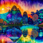 Colorful surreal landscape with vibrant trees and flora reflected in tranquil water under a sunset sky with birds.