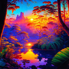 Lush jungle sunset scene with tranquil river and exotic foliage