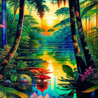 Vibrant tropical forest with reflective river and hot air balloons at sunset