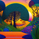 Colorful Psychedelic Fantasy Landscape with Trees, Mushrooms, and Floral Patterns