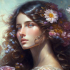 Woman with Flowers in Wavy Hair Portrayed Serenely