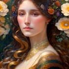 Digital artwork of woman with wavy brown hair, golden outfit, and floral backdrop