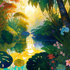 Colorful illustration of a lush garden with oversized flowers and reflective water