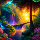 Colorful Jungle with Waterfalls, River, and Sunset Scenery