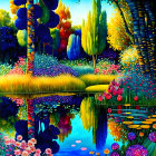 Colorful painting of serene landscape with tall trees and water.