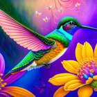 Colorful hummingbird painting with iridescent feathers and flowers