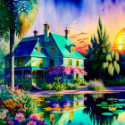 Victorian house in lush garden at sunset with vibrant flowers and tranquil pond