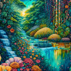 Lush Waterfall Painting in Tropical Forest