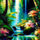 Colorful Tropical Forest Illustration with Waterfall & Pond