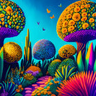 Colorful Psychedelic Garden with Oversized Plants and Butterflies