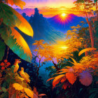 Vibrant tropical forest sunset with birds and mountain view