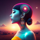 Colorful Hair and Geometric Earrings on Woman Profile Against Surreal Sunset