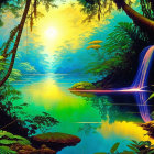 Lush jungle scene with waterfall, serene lake, and vibrant foliage