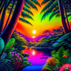 Tropical landscape with sunset reflection, silhouetted palms, lush foliage, colorful sky.