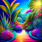 Colorful Tropical Garden Painting with Path, Sunburst, and Water Reflection