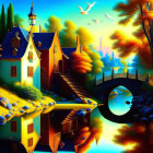 Colorful village painting with stone bridge and river reflection