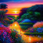 Colorful painting: Sunset over lake with lush vegetation