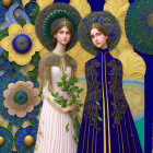 Women in floral crowns among blue and gold flowers in ornate dresses.