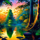 Tropical Rainforest Sunrise: Lush Foliage, Reflective Water & Vibrant Sky