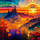 Colorful sunset over stylized landscape with flowers and silhouetted castles.