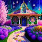 Colorful Whimsical Garden Illustration with Lavish Gazebo