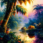 Colorful jungle sunset with animals, lush plants, and water reflection