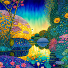 Colorful Fantasy Landscape with Floral Patterns and Glowing Orbs