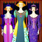 Three stylized women in vibrant, ornate dresses against rich, patterned background