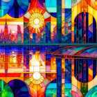 Colorful geometric stained glass window design in bright hues