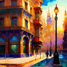 Colorful Cityscape with Ornate Buildings and People Silhouettes at Sunset