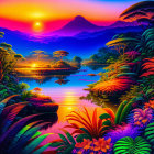 Colorful Tropical Landscape with Lake, Foliage, and Mountain