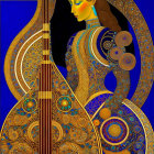 Woman in ornate dress merging with stringed instrument on dark blue background with gold patterns