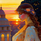 Woman with Long Hair in Decorative Headpiece Against Sunset and Ornate Architecture