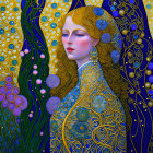 Art Nouveau Woman with Golden Hair on Blue Patterned Background