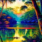 Illustrated tropical forest sunset scene with lush greenery and colorful flowers.