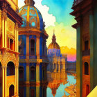 European-style domed buildings reflected on water at sunset with vibrant warm and cool colors