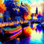 Colorful canal painting with boat, bridge, buildings, and blue sky reflection.