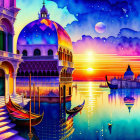 Colorful Venice-like scene: Gondolas, shimmering water, ornate building, sunset sky