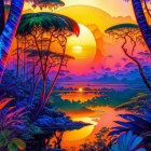 Colorful Tropical Sunset Artwork with River, Foliage, and Mountains