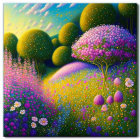 Colorful landscape with round trees and vibrant flowers at sunset