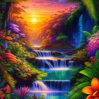 Tropical waterfall with cascades, lush foliage, flowers, sunset sky