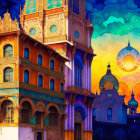 Colorful digital artwork of ornate building against kaleidoscope sky