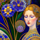 Stylized woman's portrait with blue and gold patterns and ornate floral designs on dark background