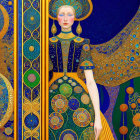 Stylized woman in ornate gown by Art Nouveau door