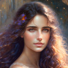 Digital portrait of woman with wavy hair and butterfly hairpiece in golden light.