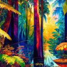 Colorful illustration: Mystical jungle, rainbow waterfalls, diverse flora, bird, ornate boat