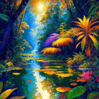 Lush Jungle Scene with River and Colorful Foliage