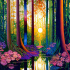 Stylized forest with pink flowers and luminous sun design