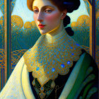 Art Nouveau Style Illustration of Woman with Pale Skin and Ornate Golden Cape