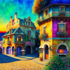 Colorful digital artwork: Whimsical streetscape with charming buildings and lush greenery